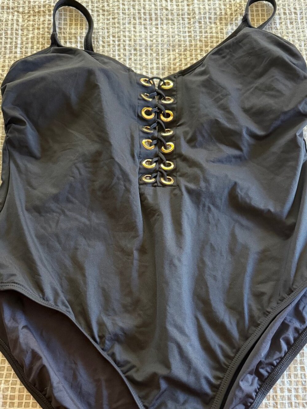 La Blanca  Black One Piece, Lace up Front, Gold Grommets  Women Size 20W  NEW